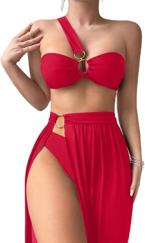 Women's 3 Piece Bathing Suits One Shoulder Bikini Set with Cover Up Skirts in Saudi Arabia