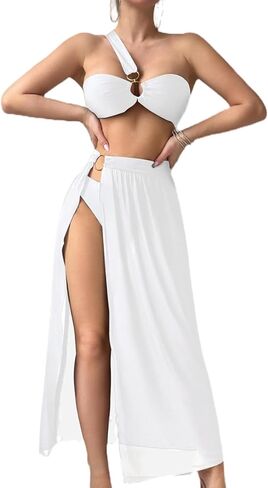 Women's 3 Piece Bathing Suits One Shoulder Bikini Set with Cover Up Skirts in Saudi Arabia