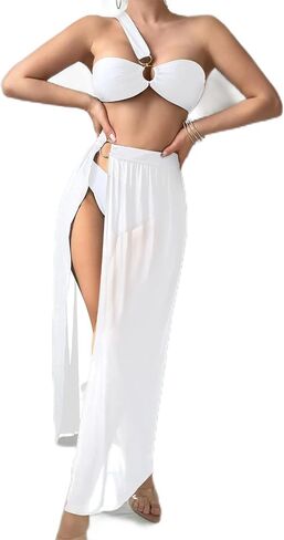 Women's 3 Piece Bathing Suits One Shoulder Bikini Set with Cover Up Skirts in Saudi Arabia