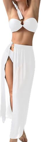 Women's 3 Piece Bathing Suits One Shoulder Bikini Set with Cover Up Skirts in Saudi Arabia