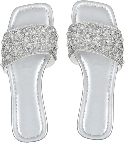Oyoangle Women's Rhinestone Flat Songals مربعة على صندل شريحة مفتوحة in Kuwait