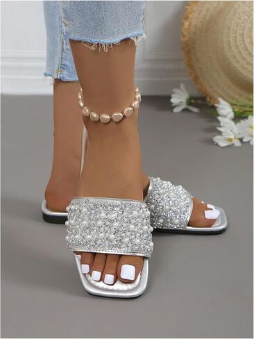 Oyoangle Women's Rhinestone Flat Songals مربعة على صندل شريحة مفتوحة in Kuwait