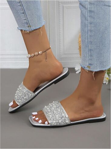 Oyoangle Women's Rhinestone Flat Songals مربعة على صندل شريحة مفتوحة in Kuwait