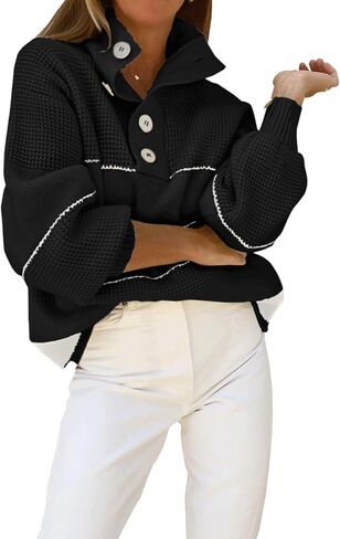 utcoco Womens 2025 Waffle Knit Sweater Striped Knit Tops Polo Collared Long Sleeve Pullover Sweaters in Saudi Arabia