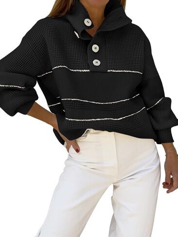 utcoco Womens 2025 Waffle Knit Sweater Striped Knit Tops Polo Collared Long Sleeve Pullover Sweaters in Saudi Arabia
