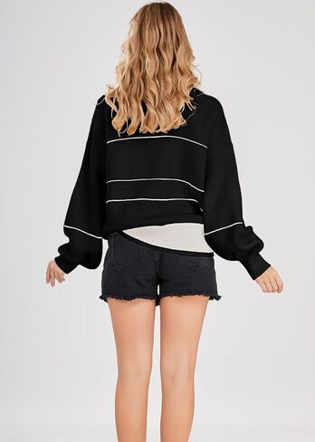 utcoco Womens 2025 Waffle Knit Sweater Striped Knit Tops Polo Collared Long Sleeve Pullover Sweaters in Saudi Arabia