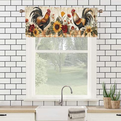الديك ، المطبخ في Windows American Western Farm Waterclor Sunflower Grid و Scirice Rod Pocket Staintain for Beed Room Room 54x18inch (2pcs) in Saudi Arabia