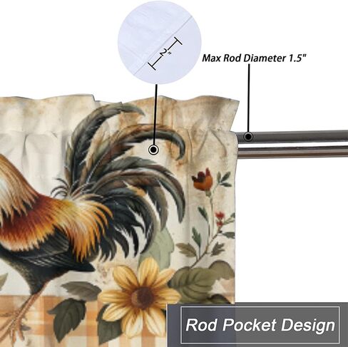 الديك ، المطبخ في Windows American Western Farm Waterclor Sunflower Grid و Scirice Rod Pocket Staintain for Beed Room Room 54x18inch (2pcs) in Saudi Arabia
