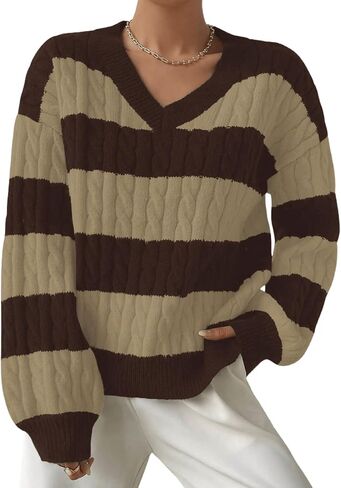 MakeMechic Women's Cable Calting Block Sweater Sweater V -Neck Long Sleeve Pullover Tops in Saudi Arabia