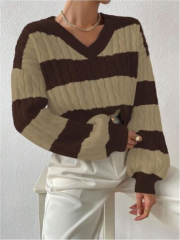 MakeMechic Women's Cable Calting Block Sweater Sweater V -Neck Long Sleeve Pullover Tops in Saudi Arabia