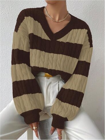 MakeMechic Women's Cable Calting Block Sweater Sweater V -Neck Long Sleeve Pullover Tops in Saudi Arabia