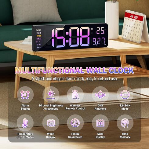 16.2" Large Digital Wall Clock Pink, Wall Decor for Living Room Bedroom with Remote Controll, 2 Alarms, LED Display, Auto DST, Temperature, Multifunctional Wall Clock Gift - Pink in Kuwait