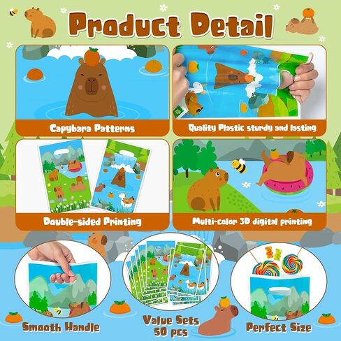 Capybara Party Favor Bags - 50Pcs Capybara Patterns Goody Candy Treat Gifts Bags, Cute Animals Themed Party Favors Supplies Decorations for Kids Boys Girls Birthday Baby Shower Animals Events in Kuwait