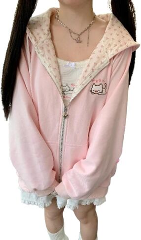 Y2K Cutecore Kawaii Hoodie Cute Cat Coquette Zip Up Harajuku Oversize Japan Top Clothes in Saudi Arabia
