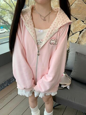 Y2K Cutecore Kawaii Hoodie Cute Cat Coquette Zip Up Harajuku Oversize Japan Top Clothes in Saudi Arabia