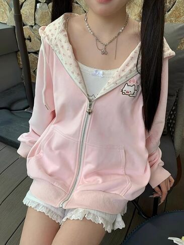 Y2K Cutecore Kawaii Hoodie Cute Cat Coquette Zip Up Harajuku Oversize Japan Top Clothes in Saudi Arabia