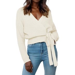 Women's Casual V Neck Wrap Sweater Pullovers Lightweight Ribbed Drop Shoulder Knitted Tops in Kuwait