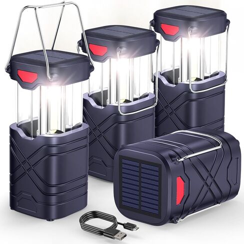 LETMY 4 Pack Camping Lantern, Rechargeable LED Lanterns, Solar Lantern Battery Powered Hurricane Lantern Flashlights with 3 Powered Ways & USB Cable for Emergency, Power Outage, Hurricane Supplies in Kuwait