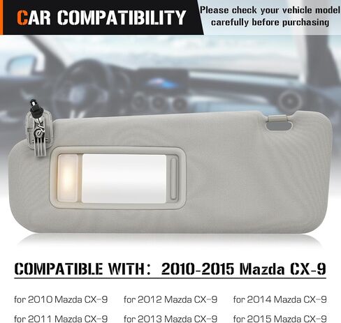 Sun Visor with Vanity Light for 2010-2015 Mazda CX-9, Left Driver Side Gray Sunvisor Replacement TDY1-69-320 in Saudi Arabia