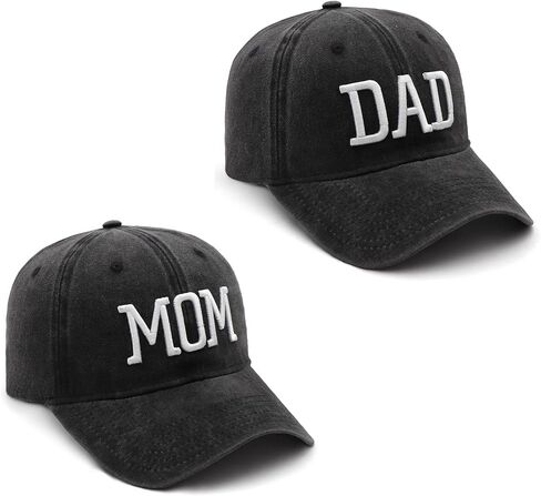 Mom and Dad Hats Set of 2 Pcs Adjustable Cotton Washed 3D Embroidered Baseball Caps Gift for Parents Couples in Kuwait