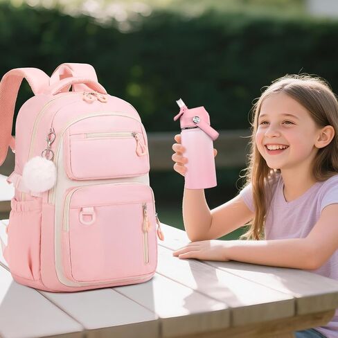 حقيبة ظهر مدرسة بيفالسا للبنات ، مكتبة مع زجاجة ماء 14oz معزولة ، حقيبة غداء وقلم ، حقيبة مدرسية للأطفال وكأس معدني من الفولاذ المقاوم للصدأ الخالي من BPA للطالب الأوسط الابتدائي (الوردي) in Kuwait