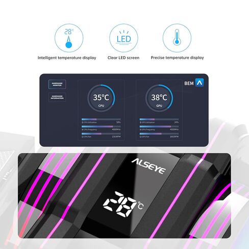 ALSEYE W90 Digital CPU Cooler for Intel, Temperature Displayed CPU Cooler for Small Size PC Case with Powerful 90mm ARGB Lighting Fan and 40mm High-Performance Heat Column Inside. (W90-Intel) in Kuwait