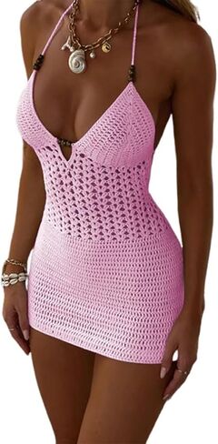 Women Knit Hollow Out Crochet Cover Up Sexy Halter Backless Bodycon Mini Dress Tie Up Swimwear Beach Dresses in Saudi Arabia