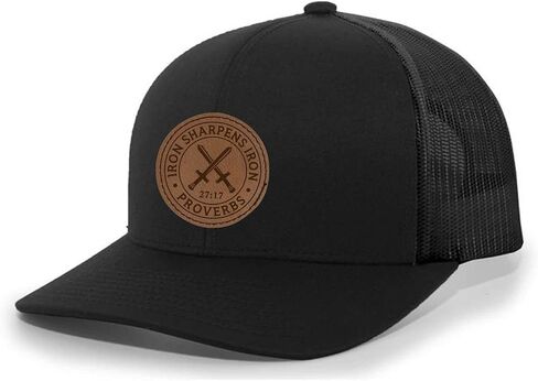 Heritage Pride Christian Iron Sharpens Iron Proverbs 27:17 Laser Engraved Leather Patch Mesh Back Trucker Hat in Saudi Arabia