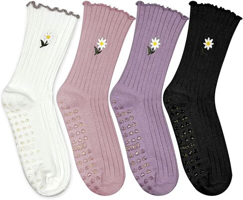 Cute Floral Pattern Yoga Socks for Women – Breathable Grip Ankle Socks with Ruffle Top, US Size 5-9 in Saudi Arabia