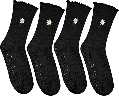Cute Floral Pattern Yoga Socks for Women – Breathable Grip Ankle Socks with Ruffle Top, US Size 5-9 in Saudi Arabia