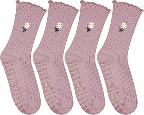 Cute Floral Pattern Yoga Socks for Women – Breathable Grip Ankle Socks with Ruffle Top, US Size 5-9 in Saudi Arabia