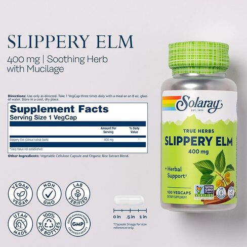 SOLARAY Slippery Elm Bark Capsules (Ulmus Rubra) 400 mg - Soothing Herbal Support with Mucilage - Vegan, Lab Verified, 60-Day Money Back Guarantee - 100 Servings, 100 VegCaps in Saudi Arabia
