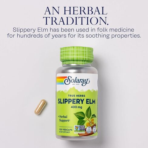 SOLARAY Slippery Elm Bark Capsules (Ulmus Rubra) 400 mg - Soothing Herbal Support with Mucilage - Vegan, Lab Verified, 60-Day Money Back Guarantee - 100 Servings, 100 VegCaps in Saudi Arabia