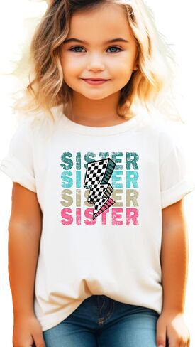 Trendy Sister Shirt for Girls Checkered Lightning Bolt Graphic T-Shirt in Saudi Arabia