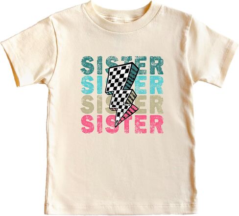 Trendy Sister Shirt for Girls Checkered Lightning Bolt Graphic T-Shirt in Saudi Arabia