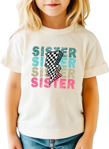 Trendy Sister Shirt for Girls Checkered Lightning Bolt Graphic T-Shirt in Saudi Arabia