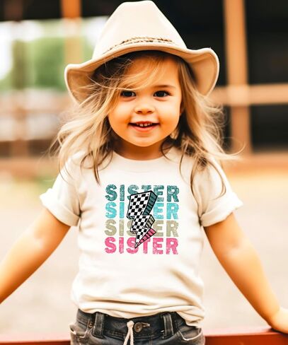 Trendy Sister Shirt for Girls Checkered Lightning Bolt Graphic T-Shirt in Saudi Arabia