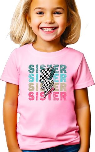 Trendy Sister Shirt for Girls Checkered Lightning Bolt Graphic T-Shirt in Saudi Arabia