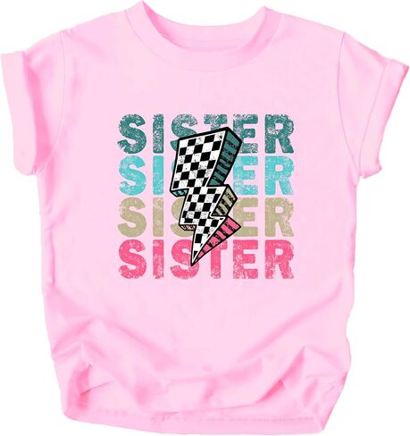 Trendy Sister Shirt for Girls Checkered Lightning Bolt Graphic T-Shirt in Saudi Arabia