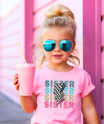Trendy Sister Shirt for Girls Checkered Lightning Bolt Graphic T-Shirt in Saudi Arabia