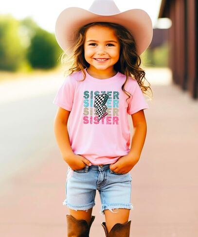 Trendy Sister Shirt for Girls Checkered Lightning Bolt Graphic T-Shirt in Saudi Arabia