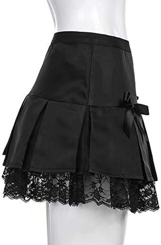 تنانير نسائية مثيرة مُزينة بالدانتيل تنانير صغيرة ذات ثنيات عالية الخصر تنورة قوطية Y2k ملابس فاسق داكنة أكاديميا جمالية E Girl in Kuwait