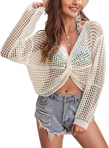 Womens Crochet Swimsuit Coverup Cropped Top Summer 2025 Twist Knot Long Sleeve Beach Bathing Suit Cover Up in Kuwait
