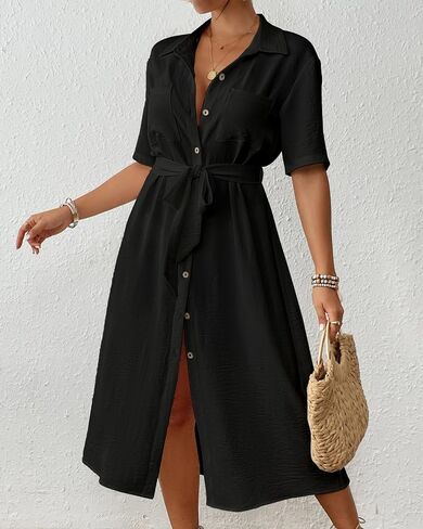 Bsubseach Swimsuit Coverup for Women Button Down Bathing Suit Cover Up with Tie Belt Long Maxi Beach Shirt Dress in Saudi Arabia