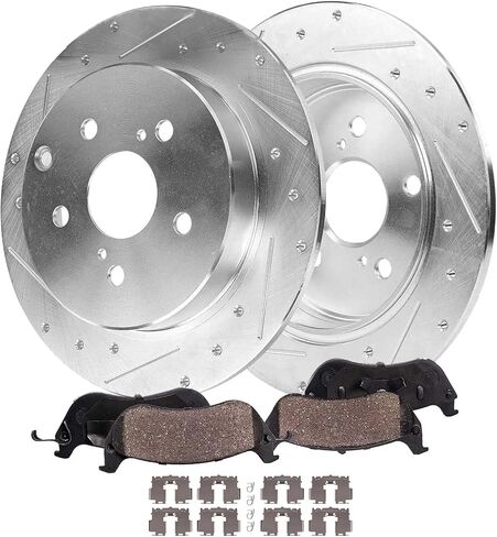 Detroit Axle - مجموعة الفرامل الخلفية لعام 2018-2023 Toyota Camry 11.06 "بوصة حفر ومقدمة من وسادات فرامل السيراميك مع الأجهزة 2019 2020 2021 2022 استبدال in Saudi Arabia