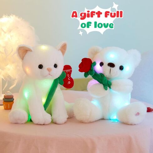 Houwsbaby Glow Teddy Bear with Rose White Bear Stuffed Animal Soft Light Up Plush Toy LED Night Lights Birthday Christmas for Kids Toddler Girlfriend,White,10.5'' in Kuwait