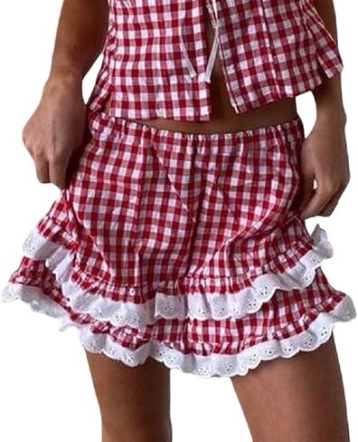 Women Men Sissy Ruffle Mini Skirt Pleated Lace Plaid A Line Short Skirt Halloween Costume Gingham Cosplay Lingerie in Kuwait