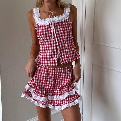 Women Men Sissy Ruffle Mini Skirt Pleated Lace Plaid A Line Short Skirt Halloween Costume Gingham Cosplay Lingerie in Kuwait