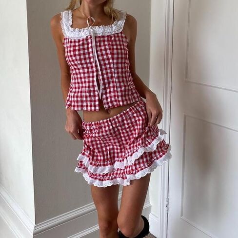 Women Men Sissy Ruffle Mini Skirt Pleated Lace Plaid A Line Short Skirt Halloween Costume Gingham Cosplay Lingerie in Kuwait