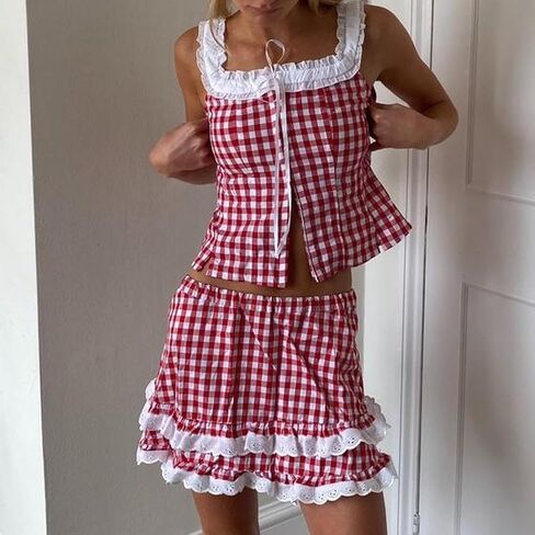 Women Men Sissy Ruffle Mini Skirt Pleated Lace Plaid A Line Short Skirt Halloween Costume Gingham Cosplay Lingerie in Kuwait